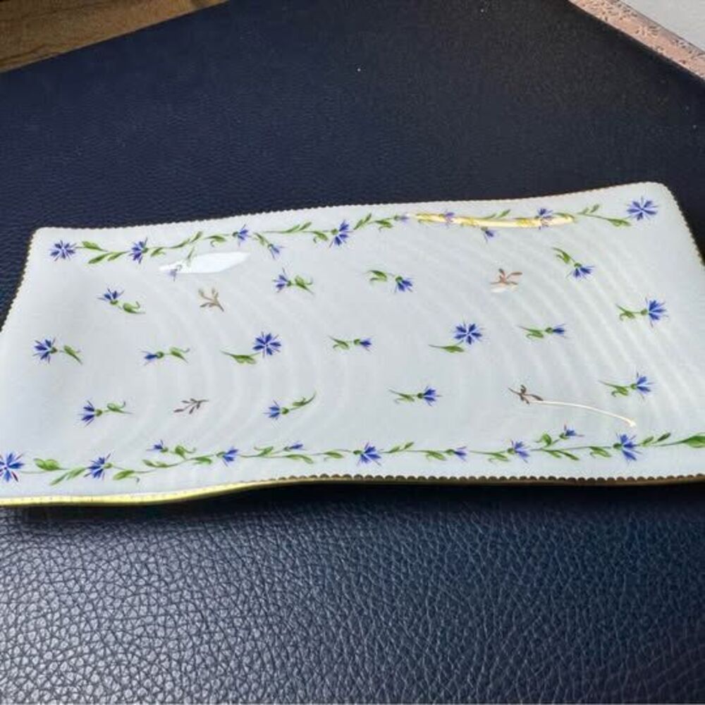 Vnt. 1982 Signed Limoges France Art Deco Cornflower Porcelain Tray Signed